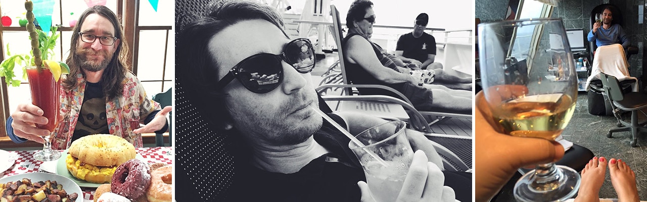 Banne rwith 3 images: Man drinking a large bloody mary, Man lounging on a chair drinking a cocktail, woman relaxing with a glass of white wine