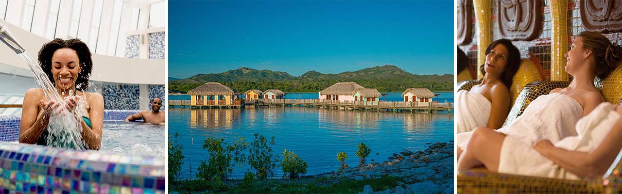 3 images: Woman in pool, Amber Cove Ocean Cabanas and 2 women at the spa