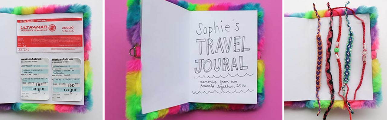 Banner with 3 images of the rainbow journal opend to see plane tickets, bracelets and Sophie's Travel Journal text