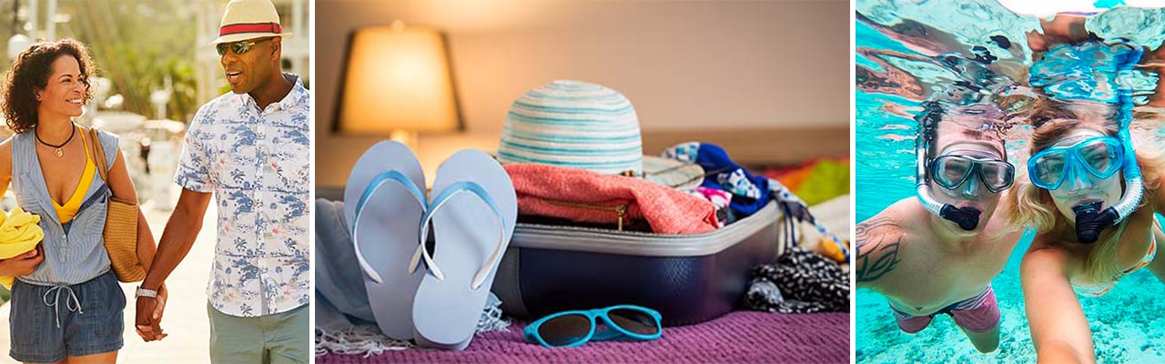Banner with 3 images: Couple holding hands, luggage and couple snorkeling in the Caribbean