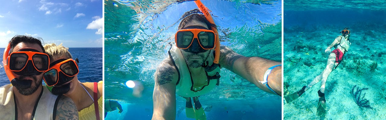 Three images of a couple, a woman and a man snorkeling