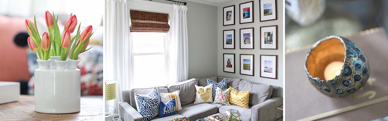 Decorative banner with tulips, a colorful living room and a tealight candle holder