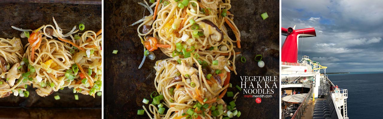 Family fresh banner image: two images are of noodles and the third is the side of the cruise ship