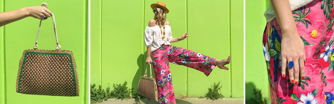 A purse, a woman with a colorful outfit and her colorful ring