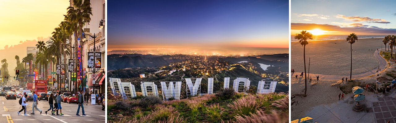 3 images together. People walking across busy LA street, backwards Hollywood sign and LA beach