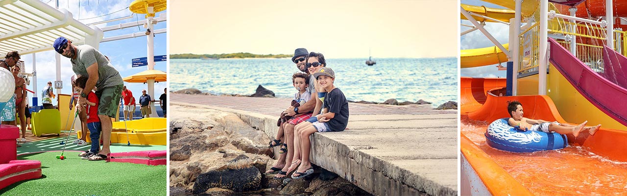 3 images: Father and son playing Mini golf, Family sitting in front of a Carbbean Ocean, little boy on a blue float in a waterslide.
