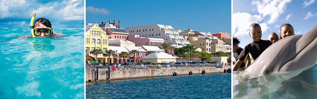 Banner image with snorkeling, a waterfront and kids playing with dolphins