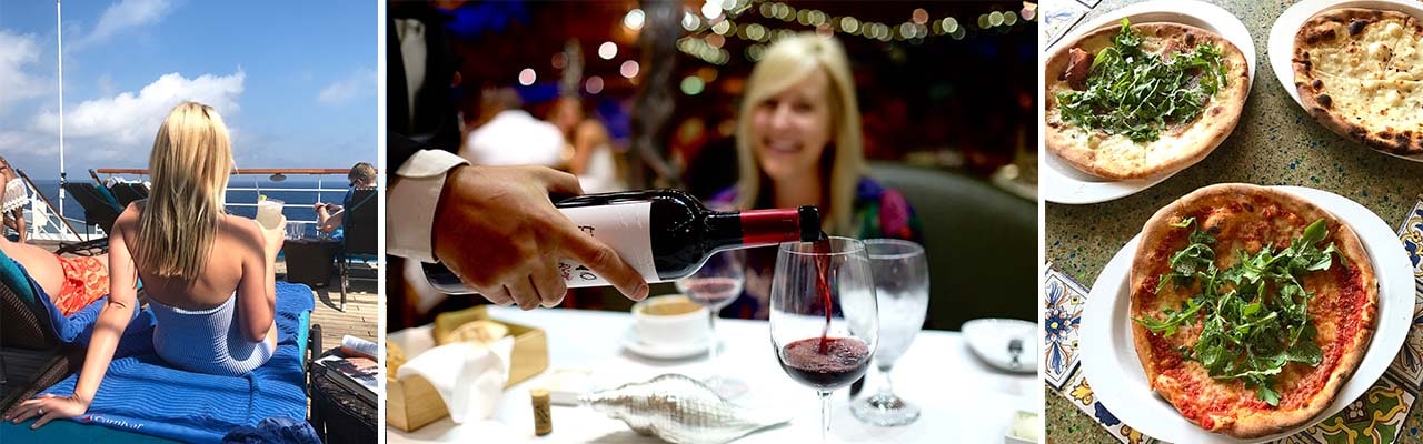Banner image of a woman in a chaise lounge, a sommolier pouring wine and three pizzas
