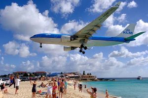 Plane landing over Maho Beach on St. Maarten