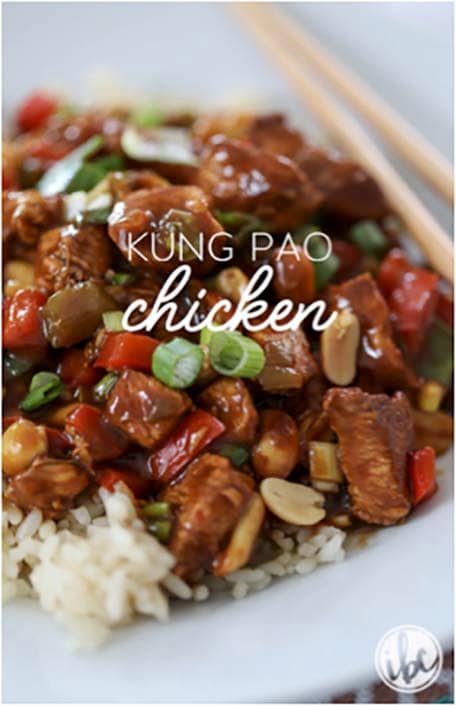 Kung Pao Chicken over rice on a white plate and two chopsticks on the side with text overlay