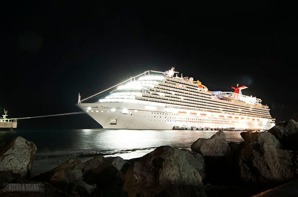 Carnival Vista docked at night in Curacao