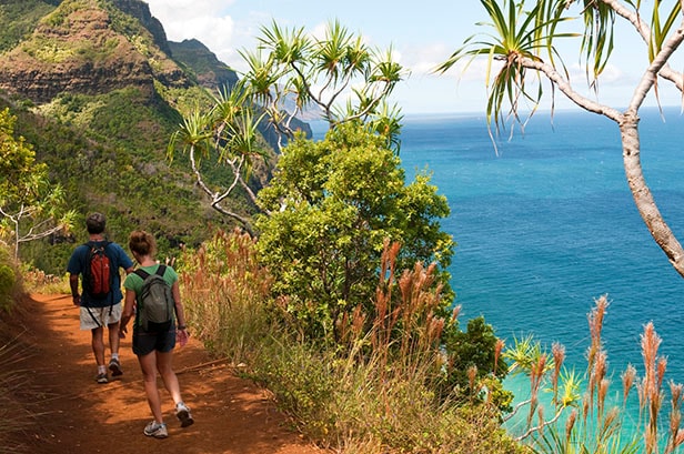 Man and woman hike alongside a trail in Kauai, Hawaii