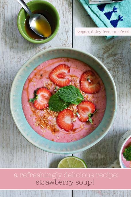Strawberry coconut soup with text overlay saying a refreshingly delicious recipe: strawberry soup!