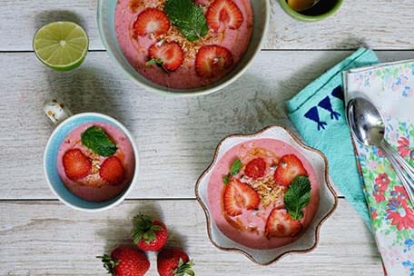  3 bowls of strawberry coconut soup