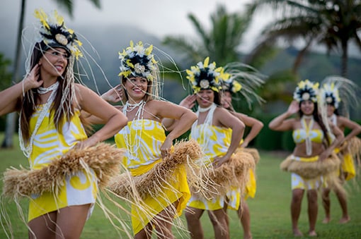 group of hula dancers at a luau