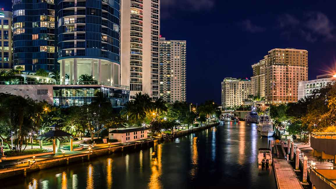 nighttime at riverwalk in fort lauderdale, florida 