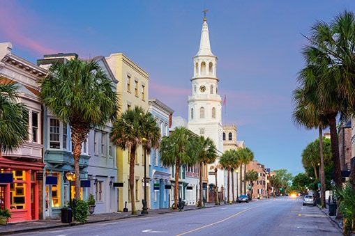 street with colorful buildings in charleston, south carolina 