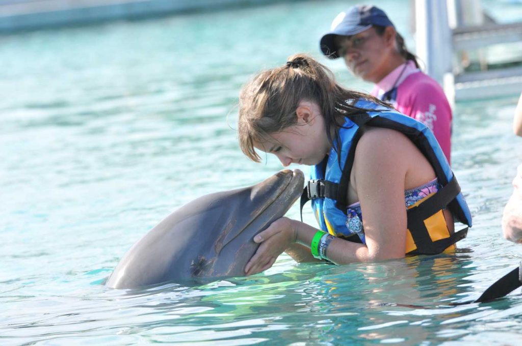 girl kissing a dolphin as a trainer watches