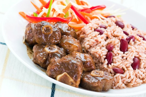oxtail served with rice, beans and salad from ocho rios