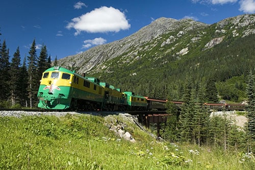 steam train crossing the beautiful white pass during the summer in alaska