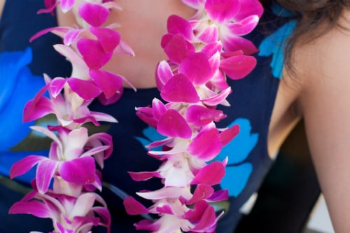 woman wearing lei necklace made with pink flowers on top of a dark blue shirt