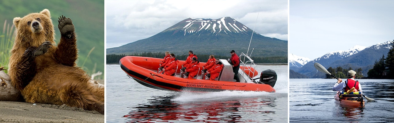 group of 7 people exploring the volcano coast on an orange ocean raft