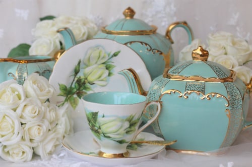 sky blue fine china tea sets made in victoria, british columbia