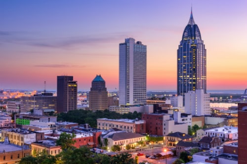 aerial view of downtown mobile alabama during the sunset 