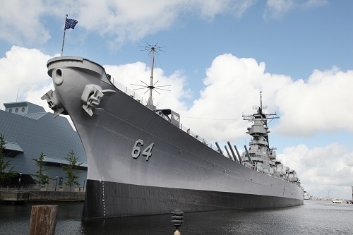 one of the largest battleships ever built by the u.s. navy docked in norfolk
