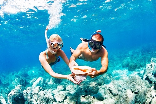couple comparing shells they found as they snorkel in princess cays 