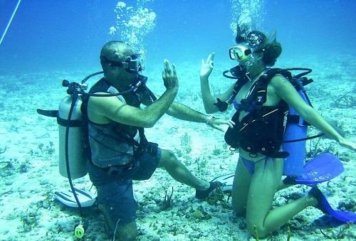 two divers high five underwater