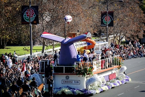 carnival panorama float sailing past the crowd during the rose parade