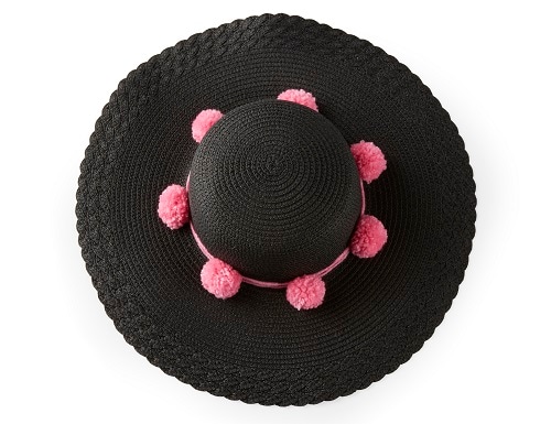 black embellished hat with pink pom poms