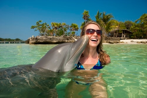 woman getting a kiss from a dolphin during a caribbean shore excursion