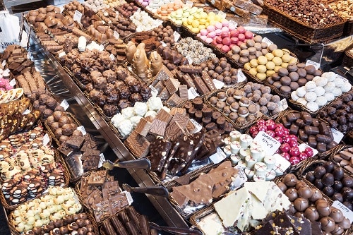 a large selection of chocolates from la boqueria market in barcelona