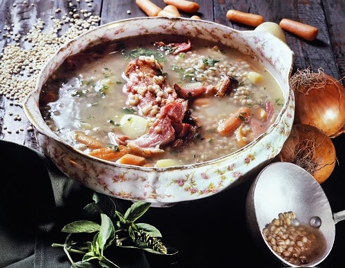 a large bowl of sopa de trigo, or wheat soup
