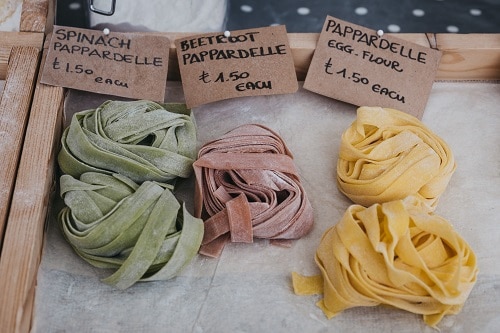 handmade pasta for sale at an italian marketplace