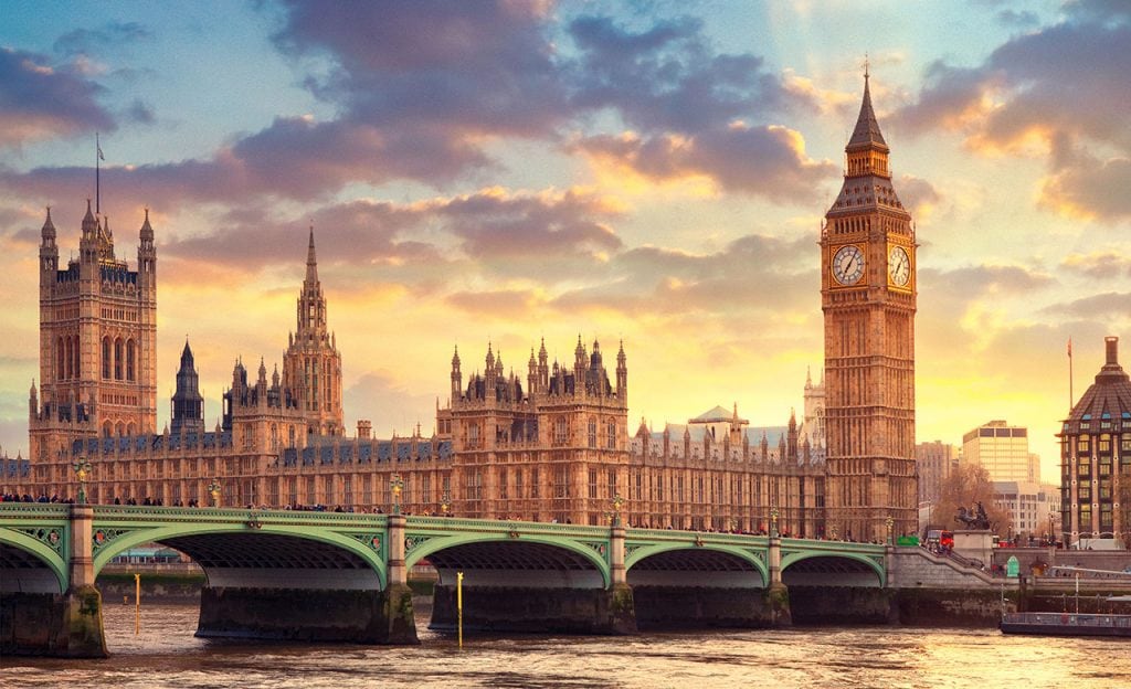 A view of the the Palace of Westminster and Elizabeth Tower in London, England. 