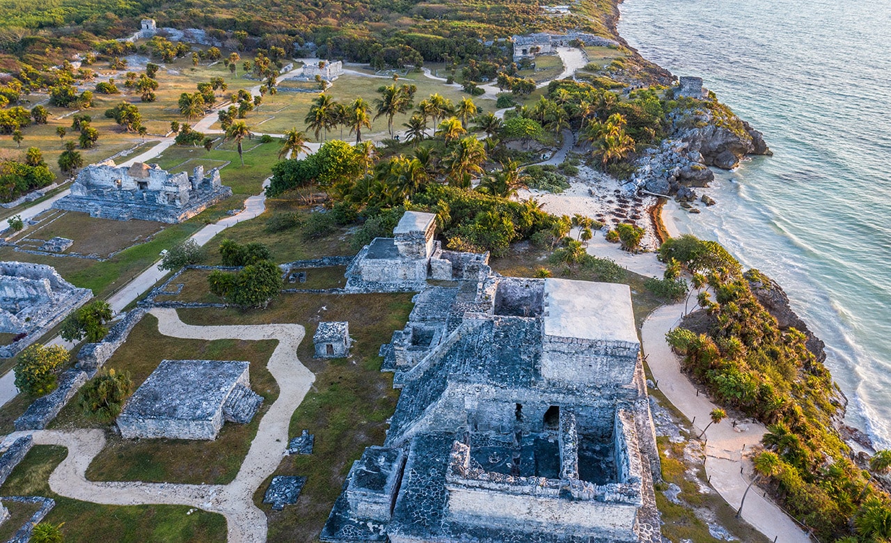 Drone view of El Castillo, Tulum ruins archeological zone, Mexico