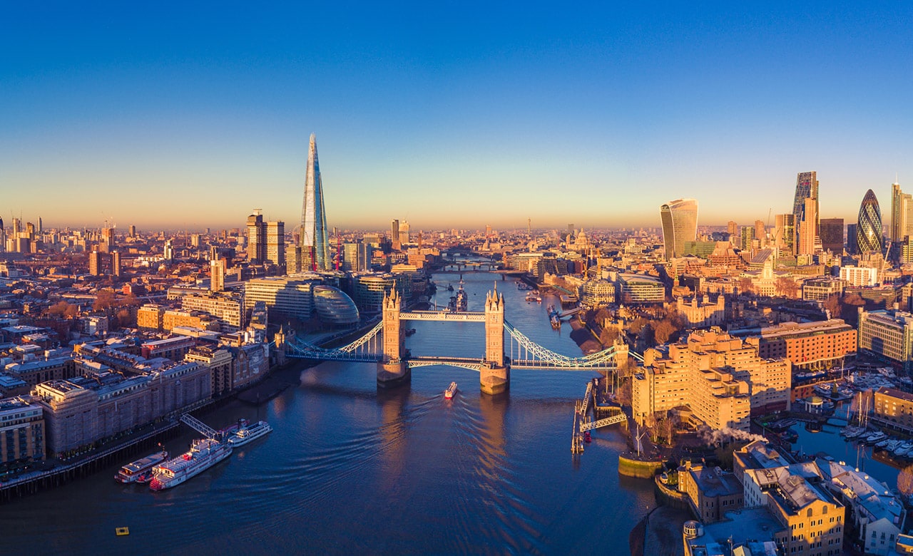 Aerial panoramic cityscape view of London and the River Thames, England, United Kingdom