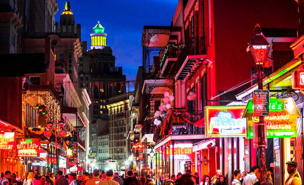 French Quarter at night in New Orleans, Louisiana.