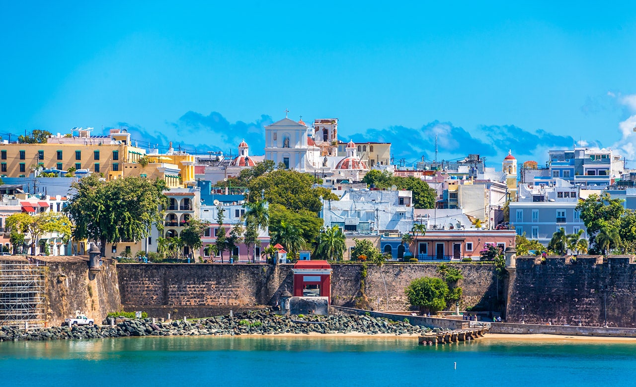 Colorful, historical buildings on the coast of Old San Juan, Puerto Rico