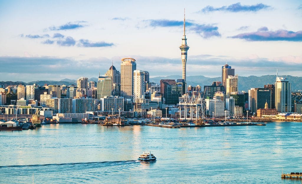 Panoramic view of Auckland, New Zealand from across the water