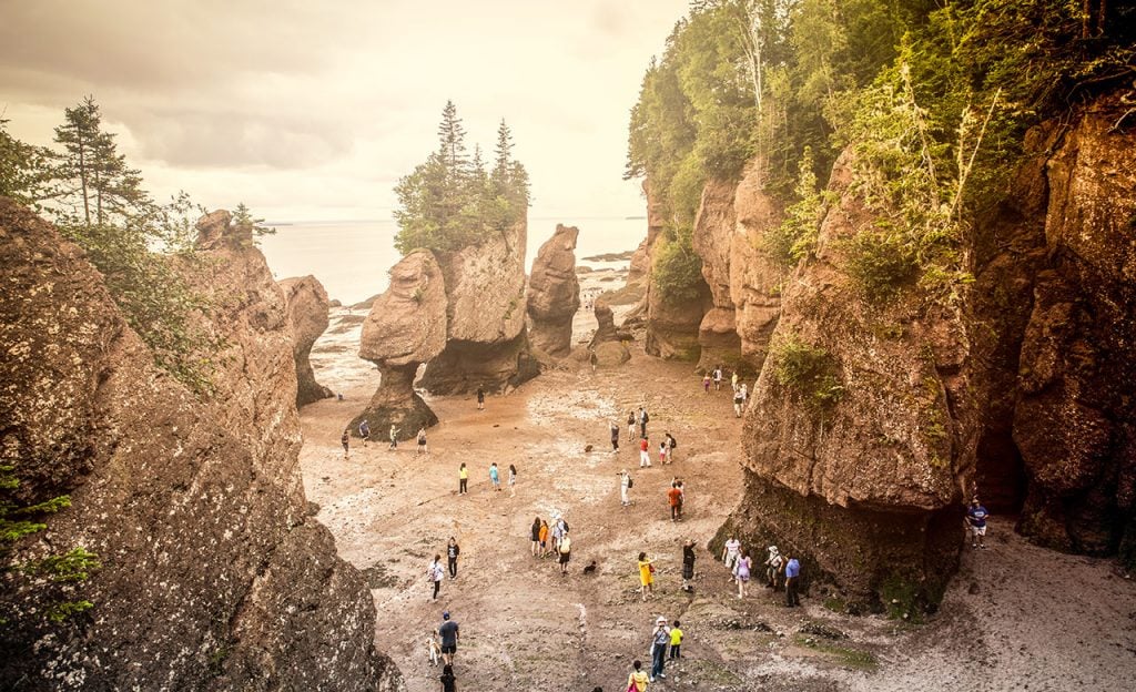 Visitors exploring the hopewell rock formations in Canada 