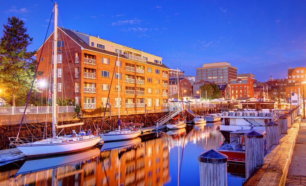 Boats in a harbor in Portland Maine