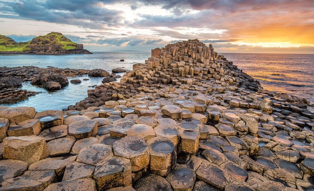 The Giants Causeway in Northern Ireland at sunset. 