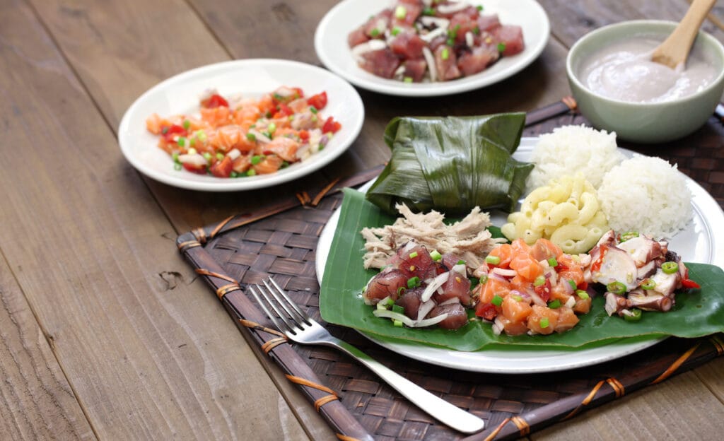 Array of Hawaii cuisine staples like poké and barbecue