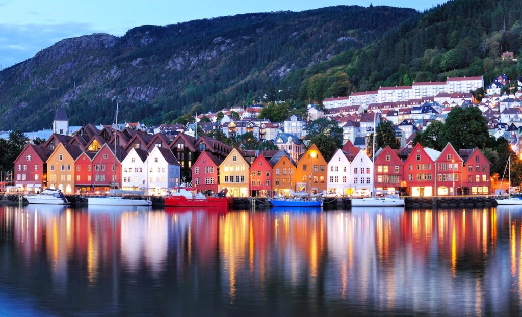 Evening waterside view of Bergen, Norway