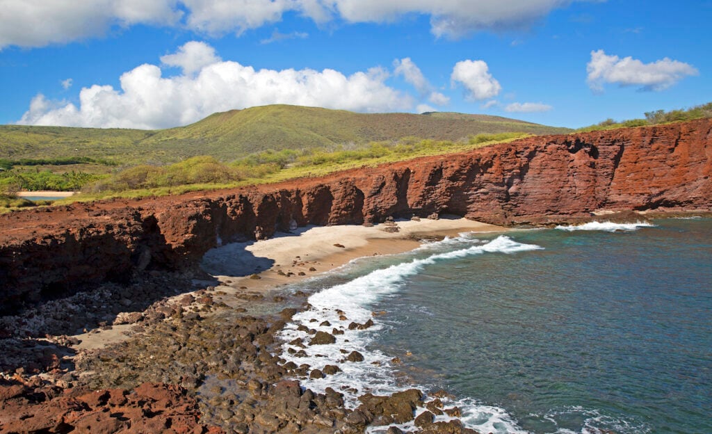 Famous red lava rock cliffs on Lanai island, Hawaii