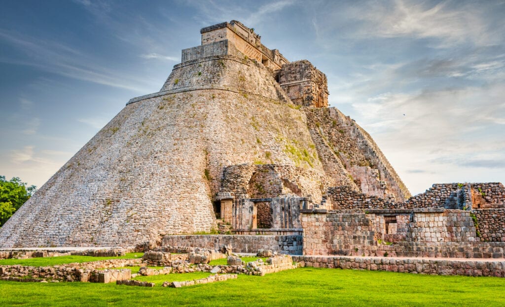 The Pyramid of the Magician, a central pyramid structure in the Mayan ruin complex of Uxmal.